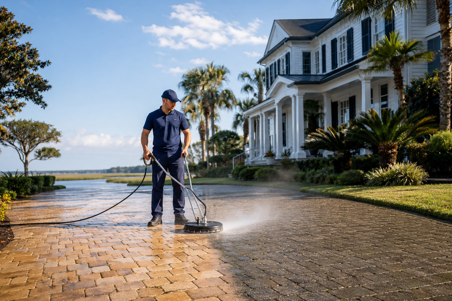 Surface cleaning a paver driveway at a coastal Lowcountry home